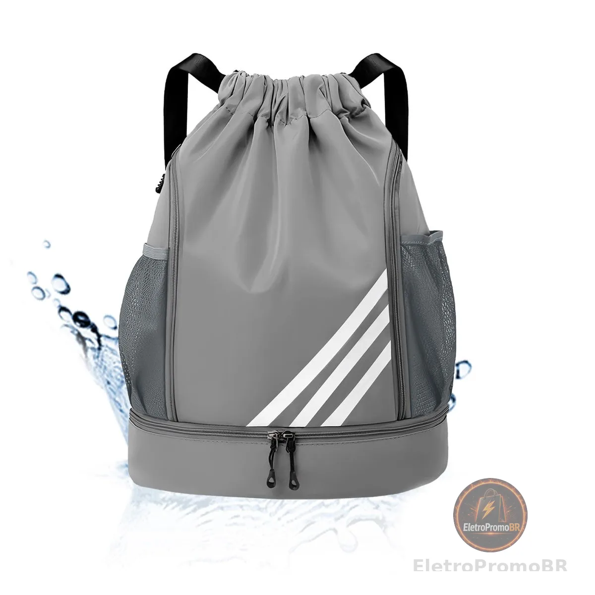 Mochila Esportiva com Cordão, Separação seca e húmida, Mochila de grande capacidade para viagens de lazer, Bolsos Laterais em Malha, Preto com Listras