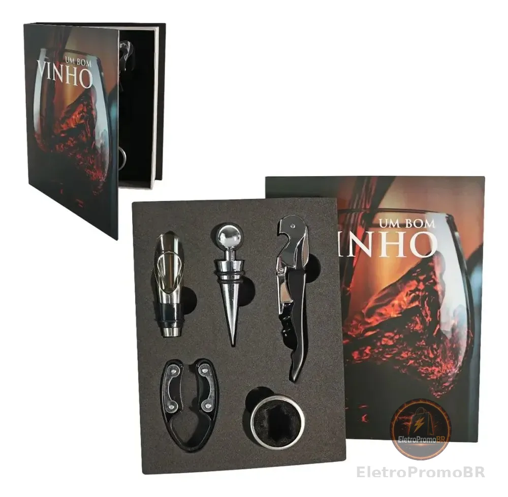 Kit Vinho 5 Peças: Abridor, Dosador, Saca Rolhas E Tampa