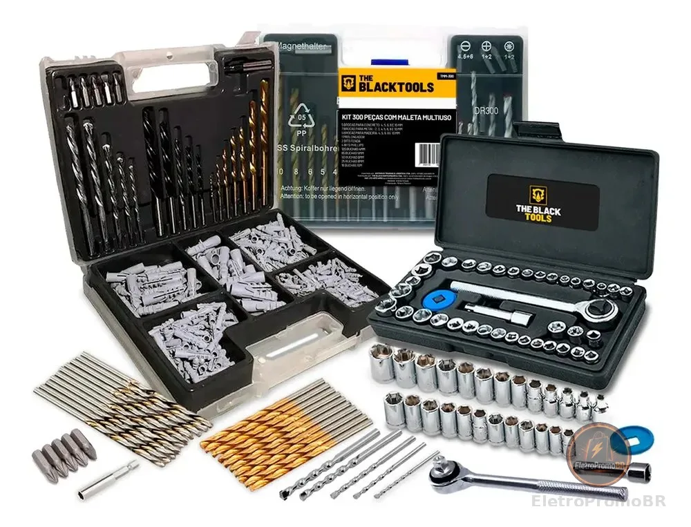 Kit Jogo De Brocas Bits E Buchas Com 300 Peças + Jogo De Chaves Catraca Reversível Soquetes 40 Peças The Black Tools