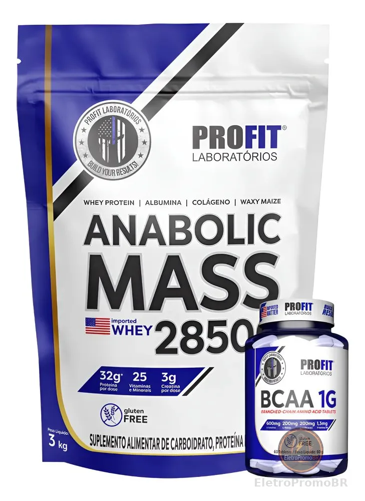 Kit Anabolic Mass C/ Whey 28500 + Bcaa 1g Profit Aminoácidos Chocolate Com Morango 3kg | Bcaa 60 Tabletes
