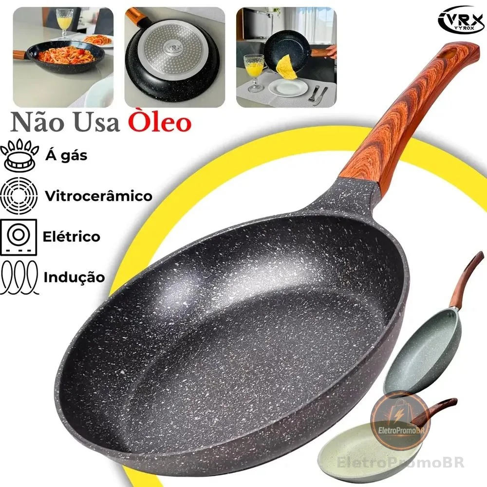 Frigideira Cerâmica 24cm Grande Premium Antiaderente Fogão Cooktop Indução Elétrico Gás Panela Frita Sem Óleo Não Gruda