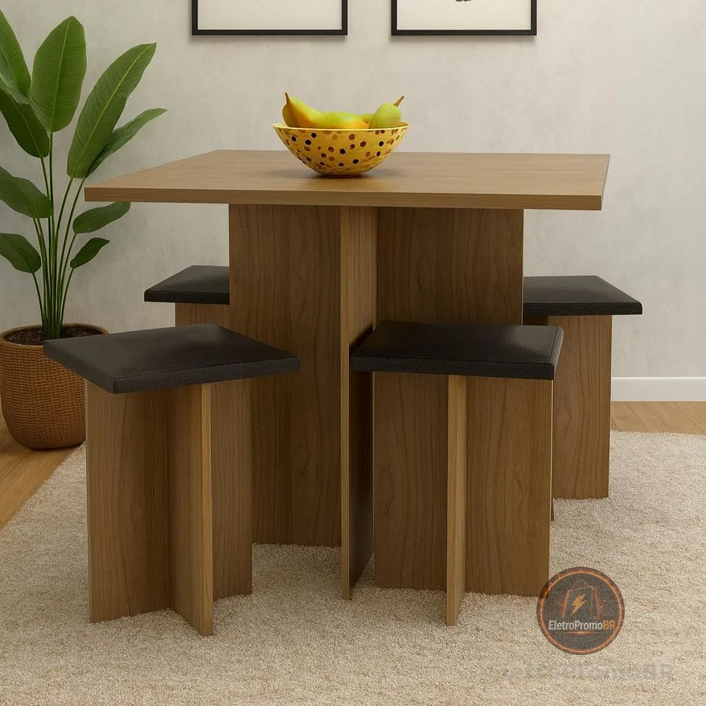 Conjunto Mesa Jantar Cozinha  Pequena Compacta E Bancos 4 Lugares