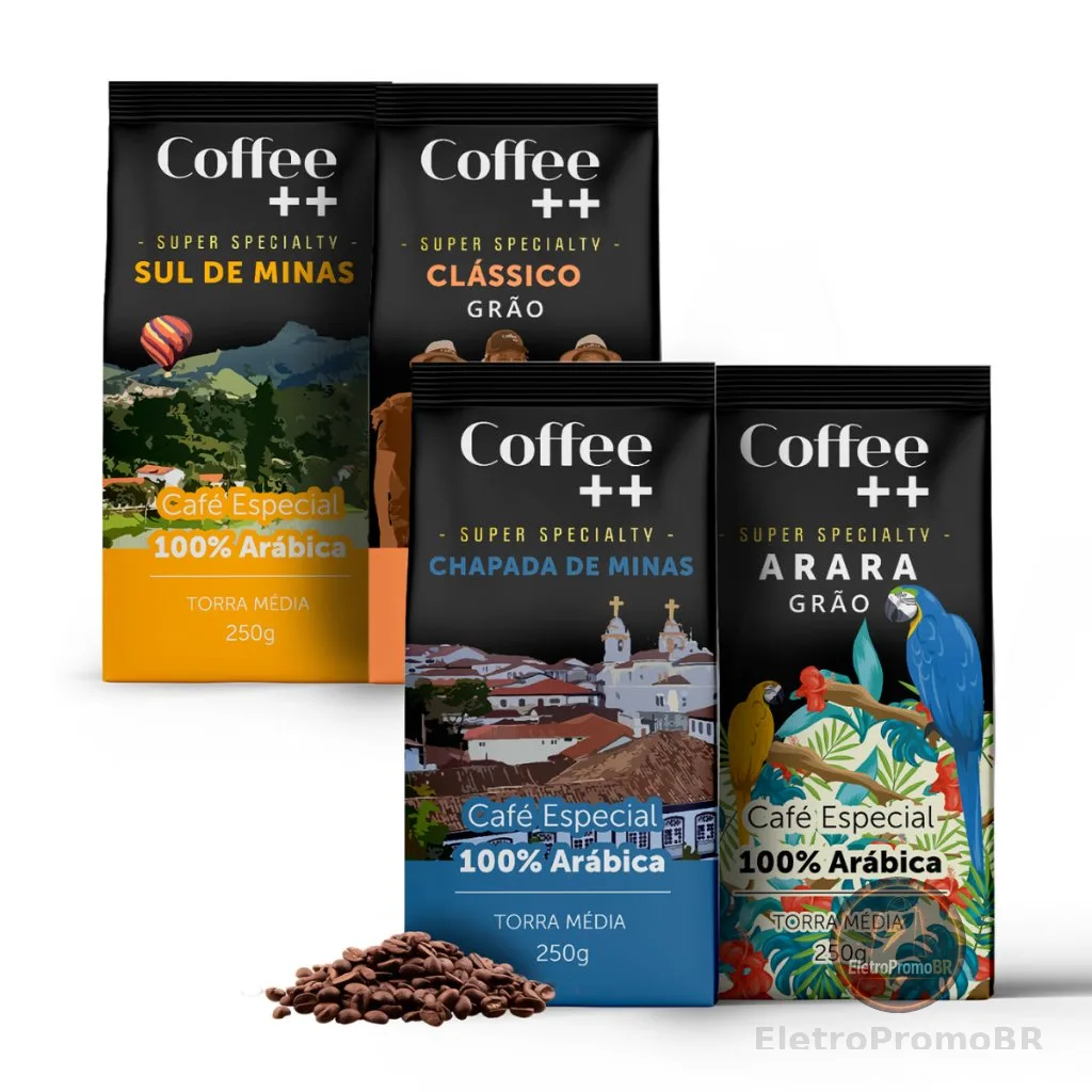 Kit 4 Pacotes Café Especial Em Grãos Coffee Mais Sul de Minas, Clássico, Chapada de Minas e Arara