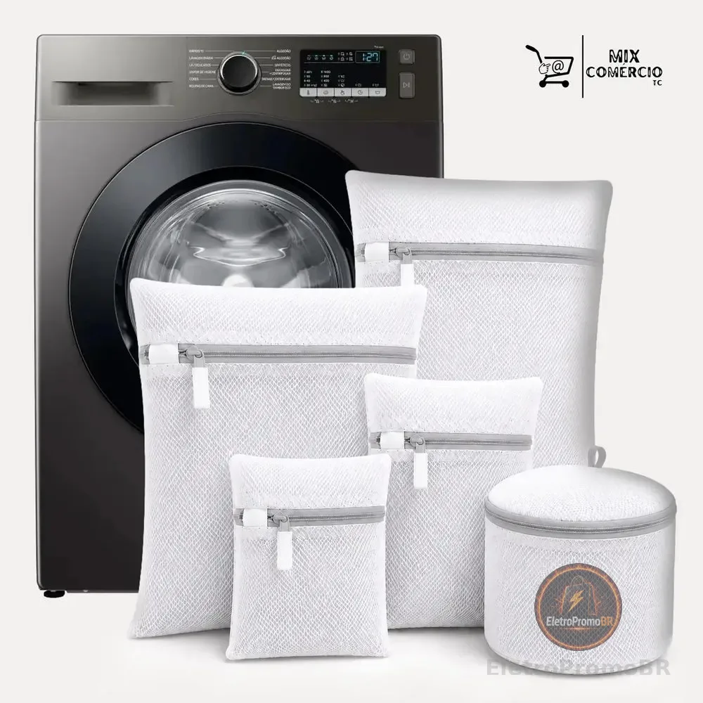 Kit 5 Sacos Rede Reforçado Para Maquina De Lavar Roupas Íntimas Lingerie Sutiã Bebê Malha Reutilizável Resistente Organizador De Roupa Protege Tecidos Evita Desgaste E Deformações