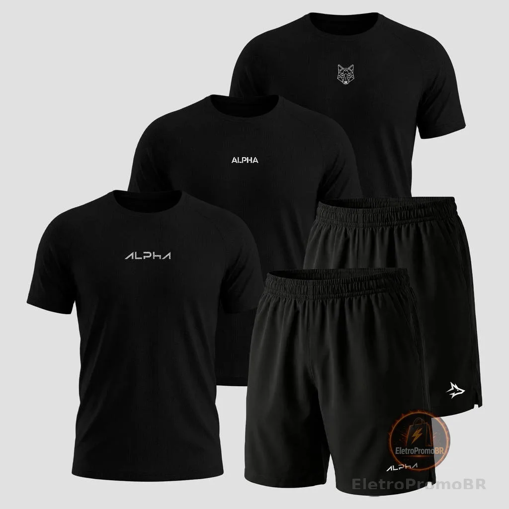 Kit 5 Peças All Black Dry 3 Camisetas e 2 Bermudas Alpha Co