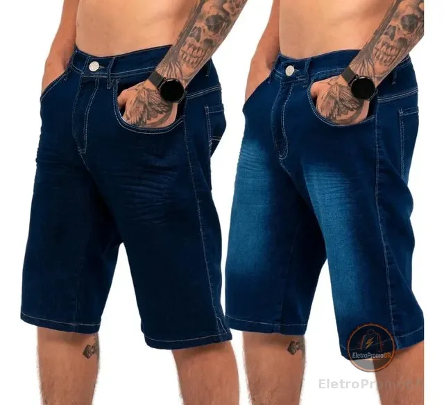 Kit 2 Bermudas Jeans Masculina Lycra Elastano