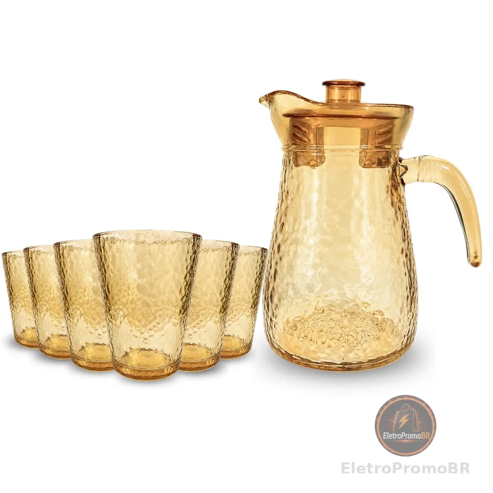 Jarra Dourada + 6 Copos de Vidro | Jogo 7 Peças Elegante para Água, Suco e Drinks