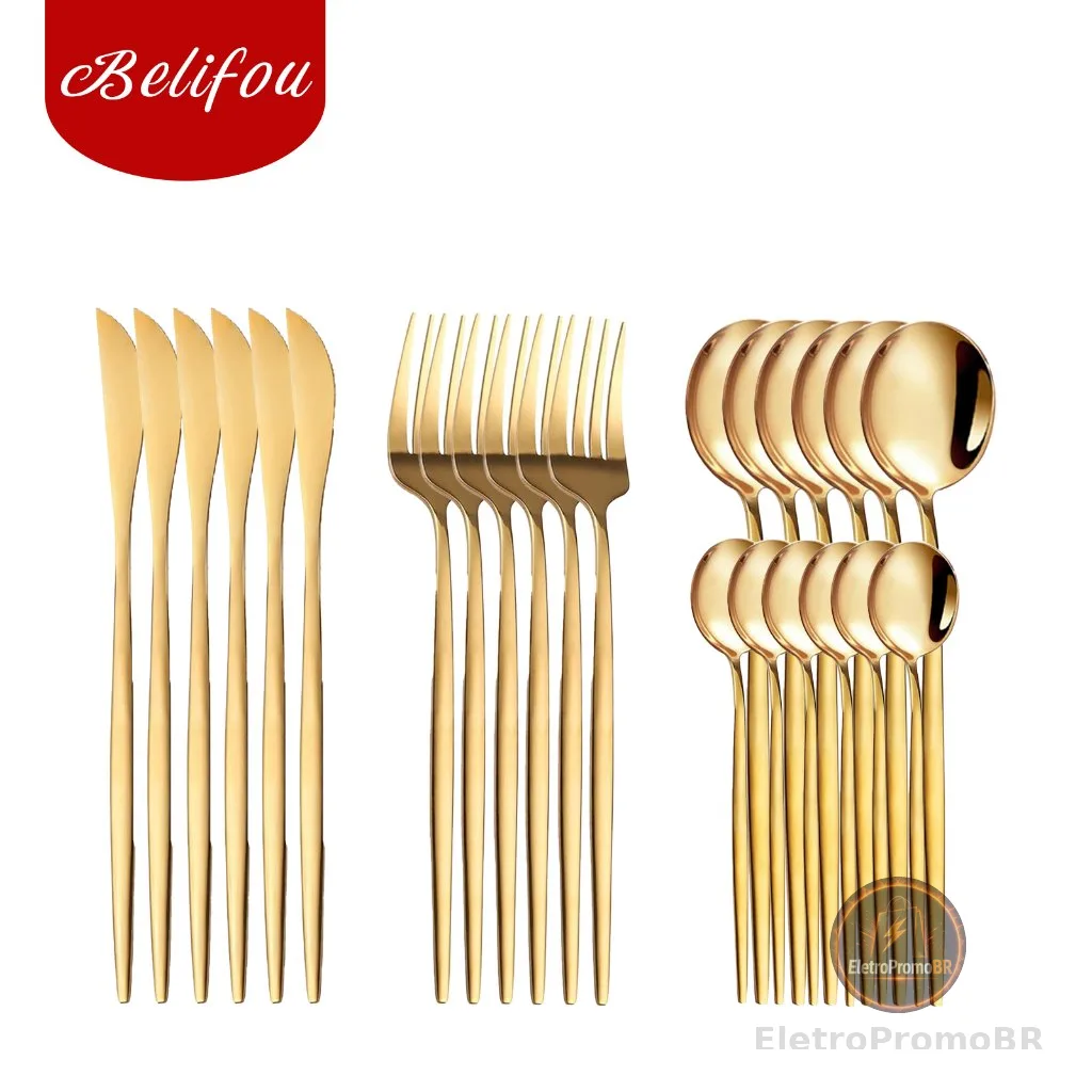 Belifou Kit 24 Jogo De Talheres Inoxidável Suprimentos Cozinha Talheres Dourados Talheres