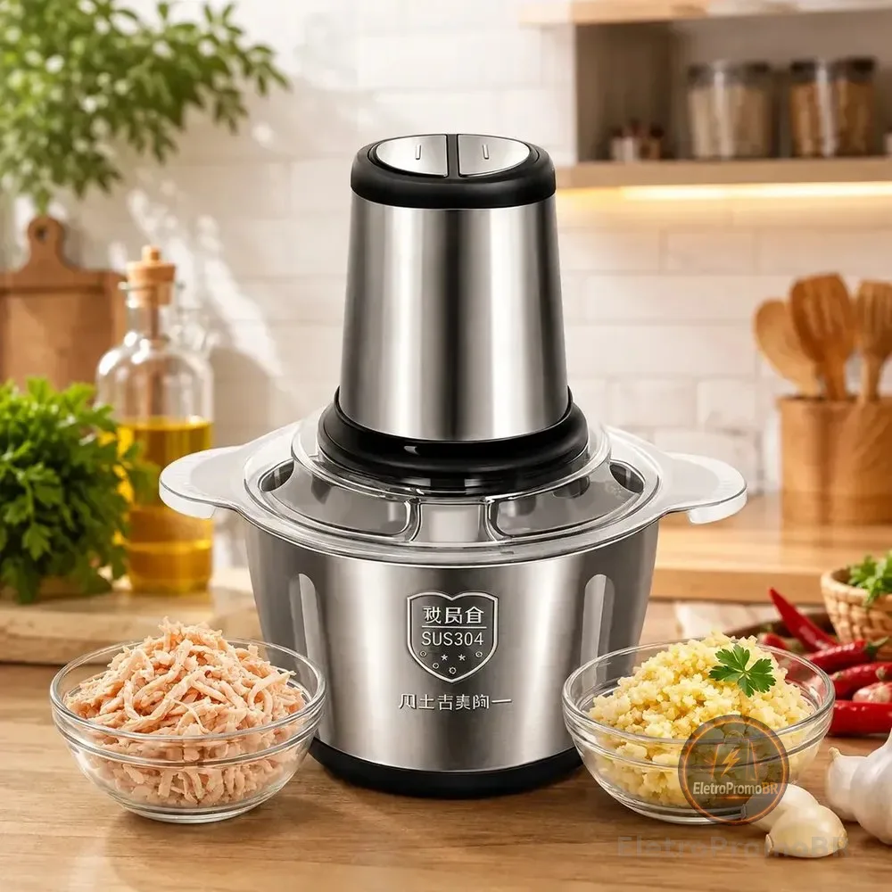 Multiprocessador Elétrico De Alimentos Em Inox 2l Triturador De Alho Tempero Processador De Carne E Legumes Multifuncional Portátil 110v