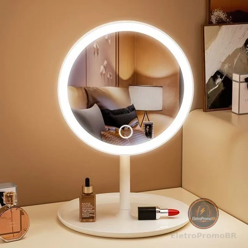 Espelho LED de Mesa com Bandeja Porta Maquiagem Luz 3 Cores Ajustável Touch USB