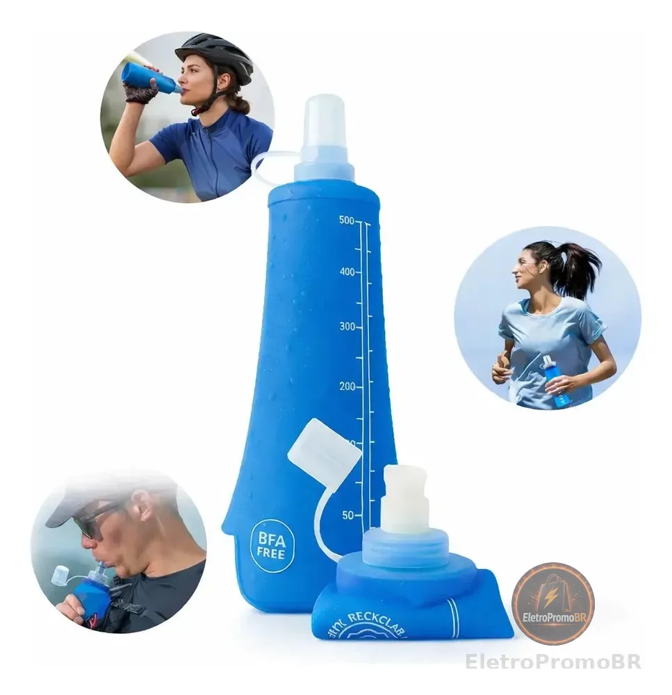 Garrafa De Água Dobrável Silicone Soft Squeeze Corrida 500ml Azul