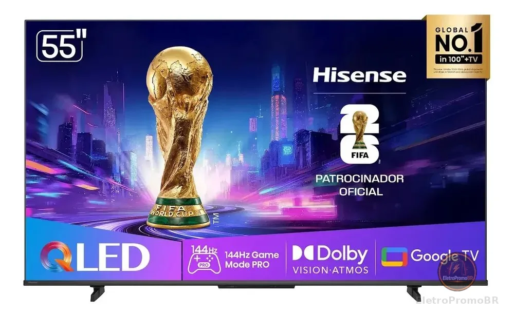 Hisense Smart TV UHD 4K QLED 55" Polegadas 55Q7QG Google TV Modo Jogo Pro 144 Hz, AMD FreeSync Premium, Dolby Vision Atmos e Compatível com Alexa