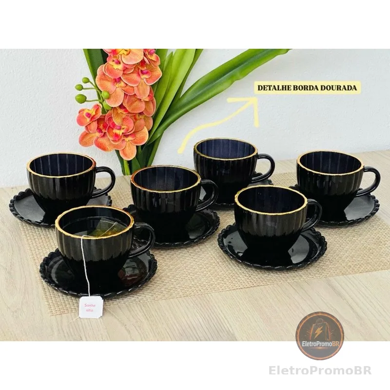 Conjunto Xícaras Preta Fio de Ouro Cha e Cafe 12 Peças Com Pires Vidro 100ml Decorada Borda dourada