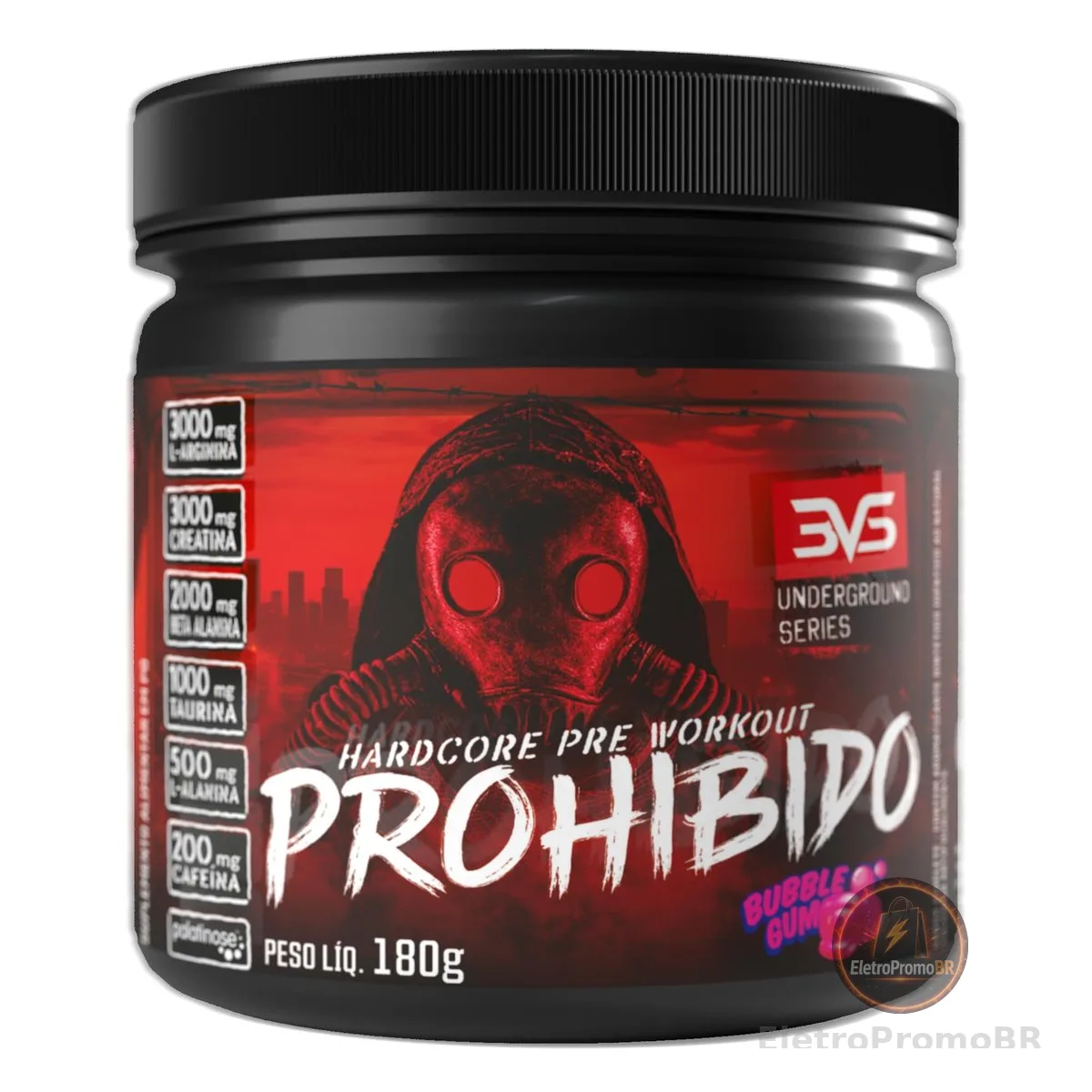 Pré-Treino Prohibido Chiclete 180g 3VS Nutrition · Hardcore Underground · Cafeína 200mg por Dose + Beta Alanina + Creatina