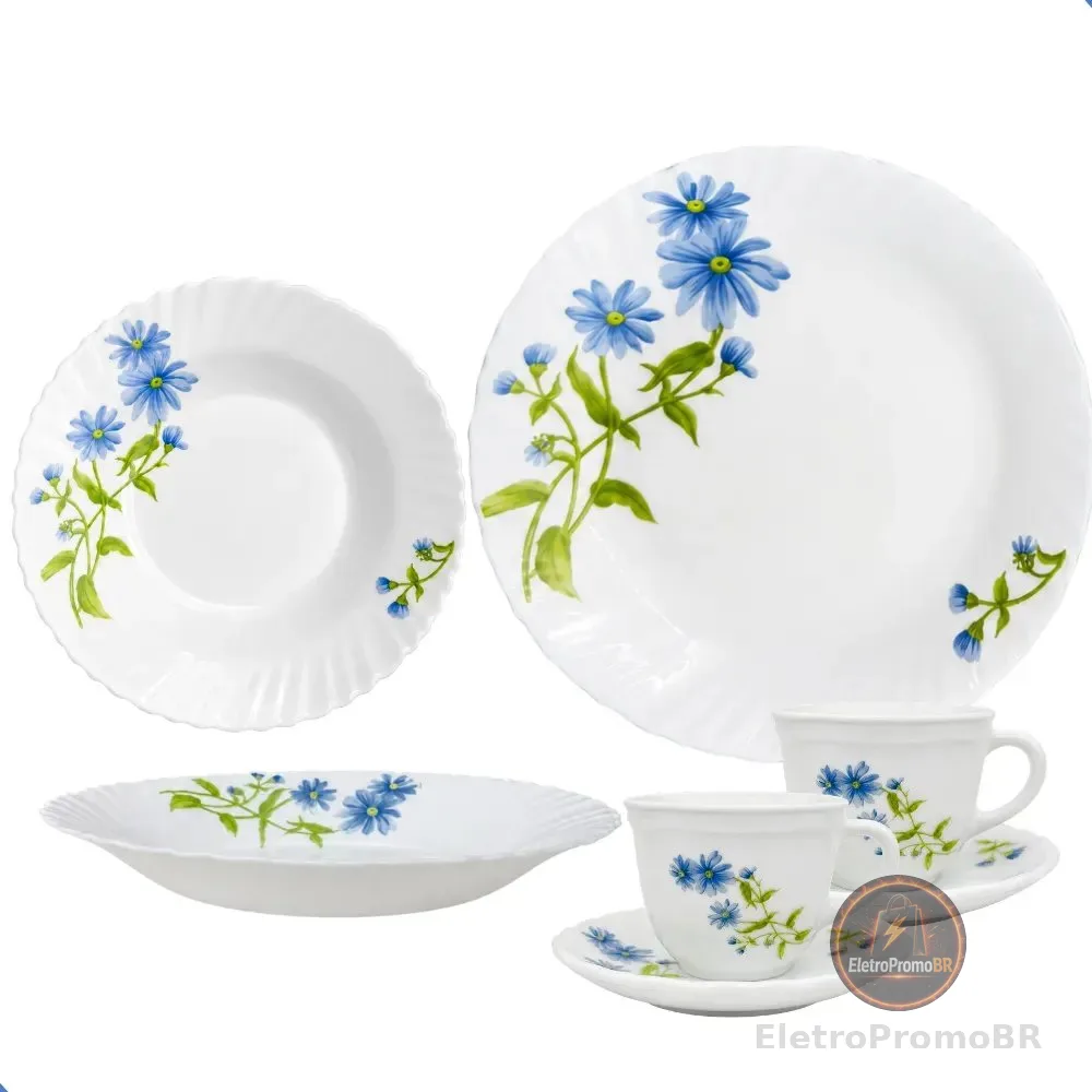 Aparelho De Jantar E Chá 20 Peças Vidro Opaline Branco Branco Floral