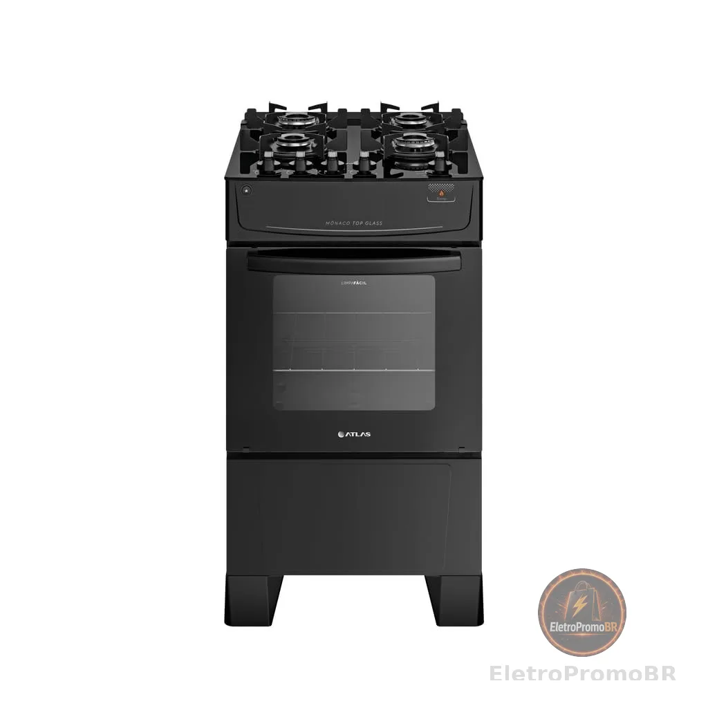 Fogão Atlas 4 Bocas preto Mônaco Top Glass com Acendimento automático - Bivolt