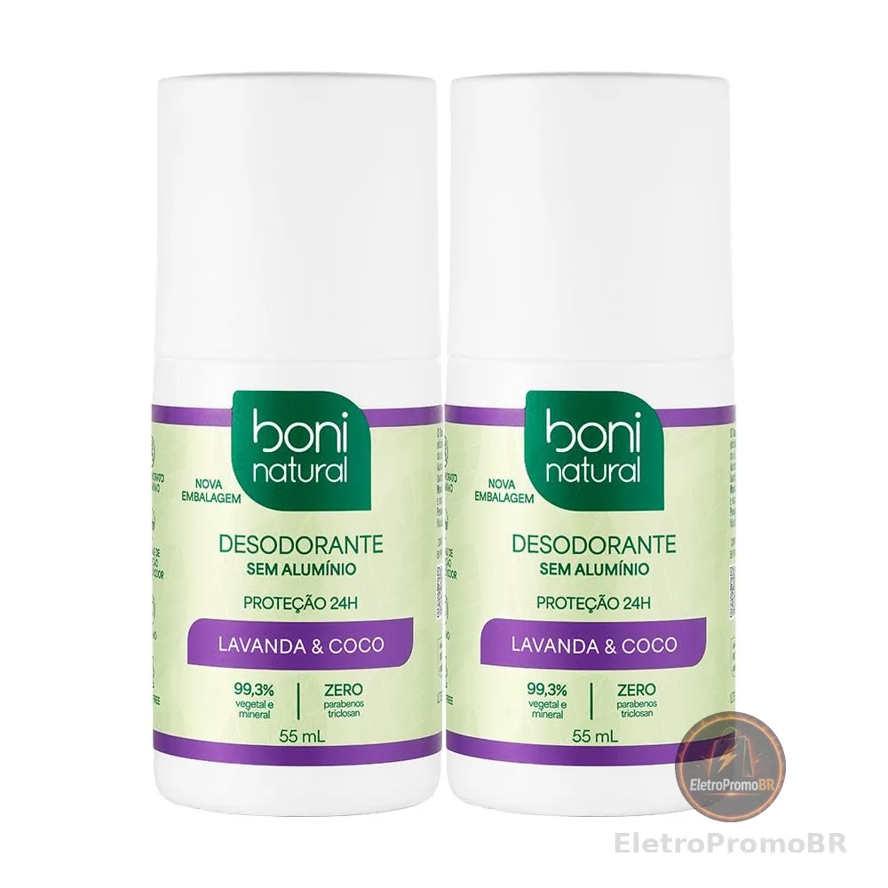 BONI NATURAL - Desodorante Roll-On sem Alumínio, Natural, Vegetal e Vegano, Coco e Lavanda, 55ml, 2 unidades Leve Mais Pague Menos