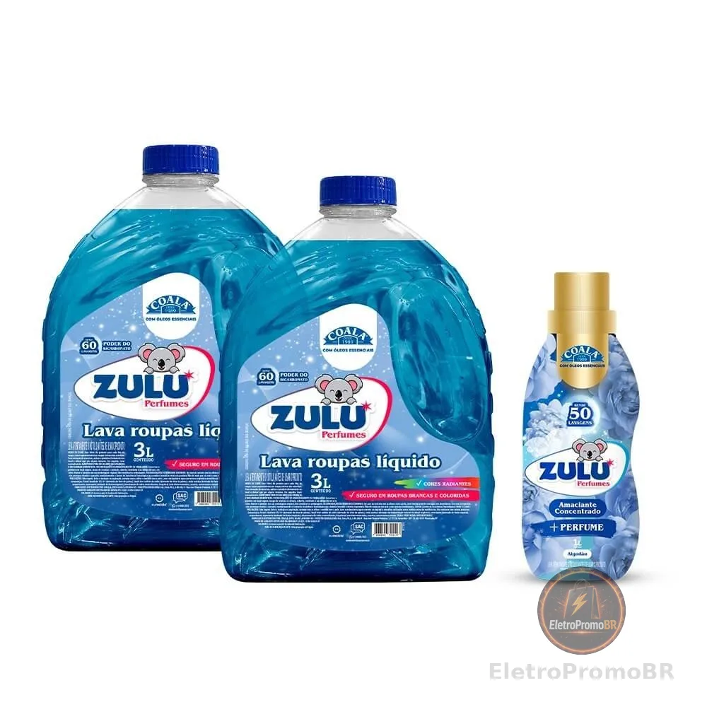 Kit Zulu perfumes/Coala 2 Lava Roupas Liquido 3L + 1 Amaciante Concentrado Algodão 1L