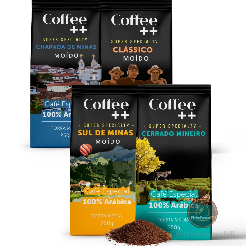 Kit 4 Pacotes Café Especial Em Grãos Coffee Mais Chapada de Minas, Clássico, Sul de Minas e Cerrado Mineiro