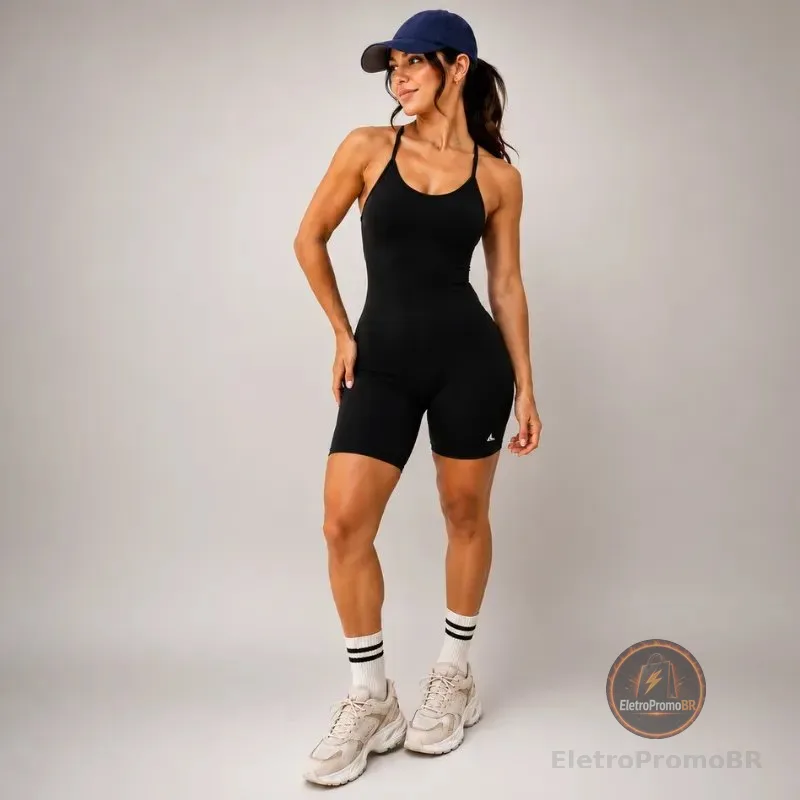 Macaquinho Fitness Feminino Macacão Treino Ginástica Preto Liso Gg