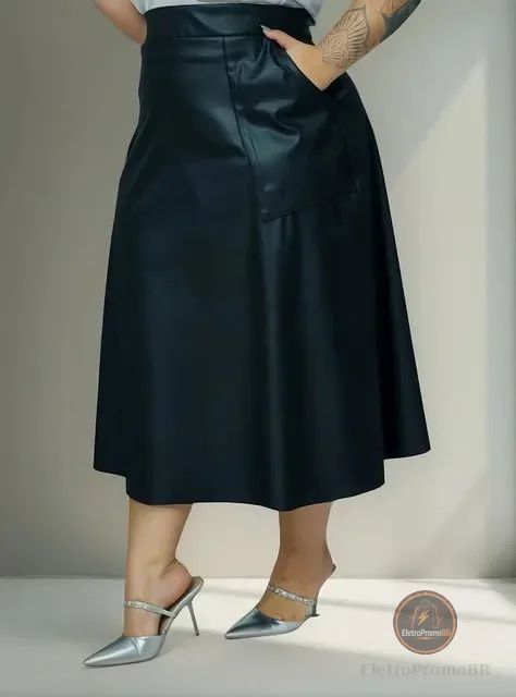 Saia Couro Ecológico Feminina Midi Plus Size Evangélica