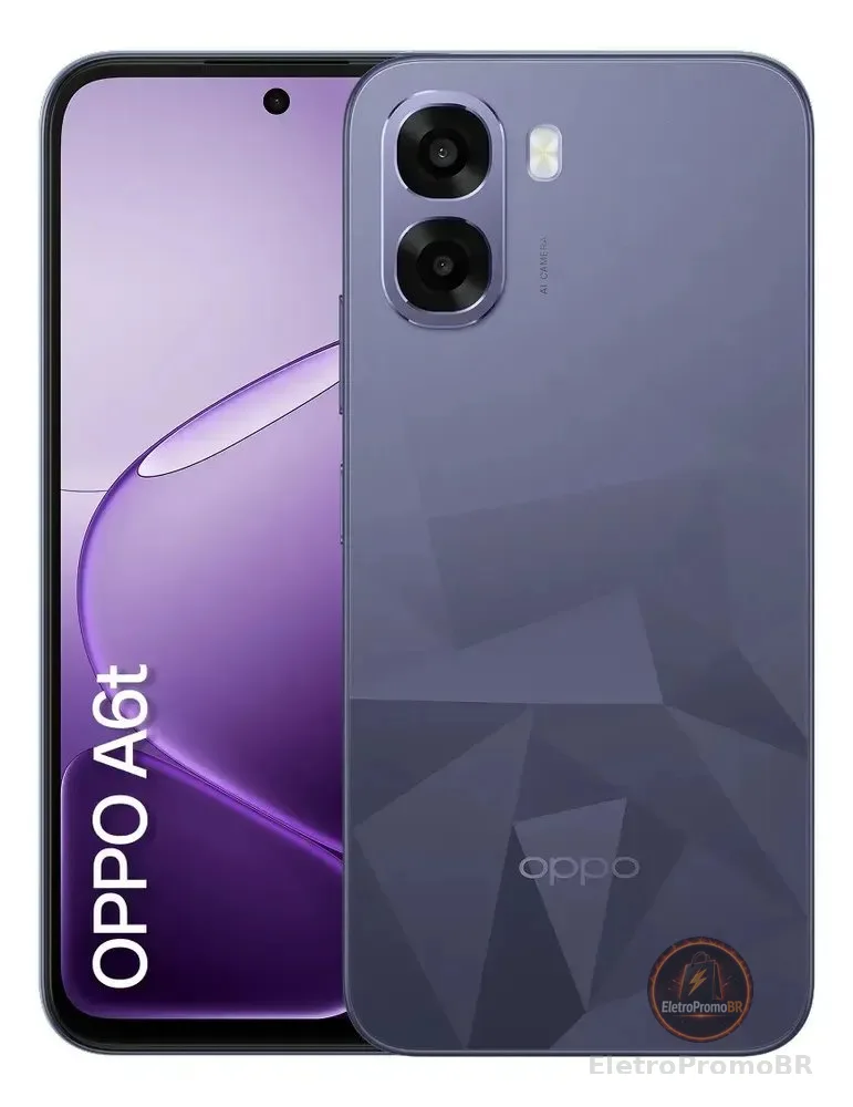 Smartphone OPPO A6t 128GB 12GB RAM (4GB + 8GB RAM Virtual) Bateria Gigante 6500 mAh Câmera AI Violeta