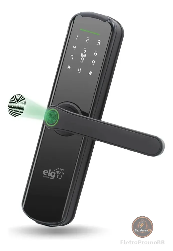 Fechadura Digital Biométrica Inteligente ELG SHFB700, Wi-Fi, Abertura por Biometria, Senha, Cartão de Proximidade, Aplicativo ou Chave de Emergência, Preto