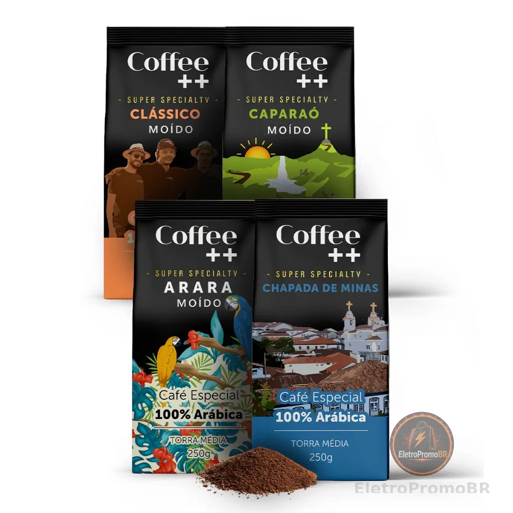 Kit 4 Pacotes Café Especial Torrado e Moído Coffee Mais Clássico, Caparaó, Chapada e Arara
