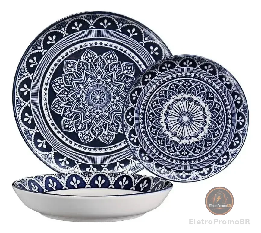 Aparelho De Jantar 18 Peças Flat Málaga Azul Cerâmica Oxford