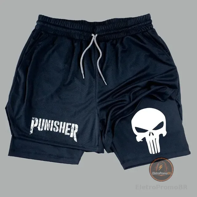 Short Dry-fit Compressão 2 Em 1 Academia Punisher Justiceiro