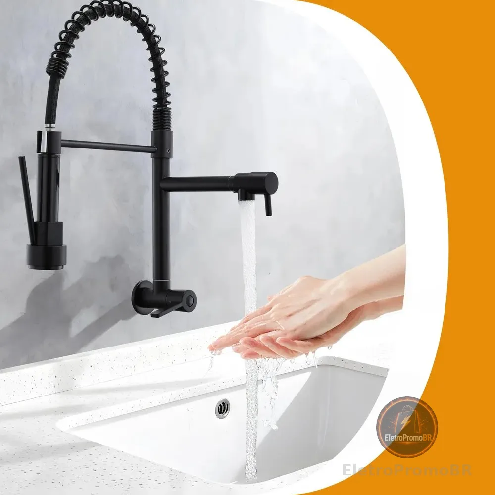Torneira Gourmet Cozinha Mola Grande Flexível Luxo 360° Preto Parede