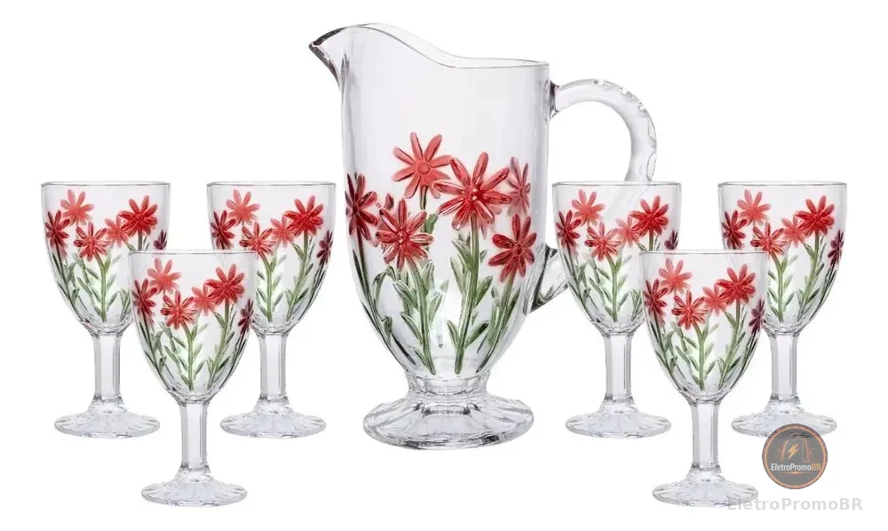 Conjunto Jarra com 6 Taças Red Flower 1,3L/320ml Cristal Wolff