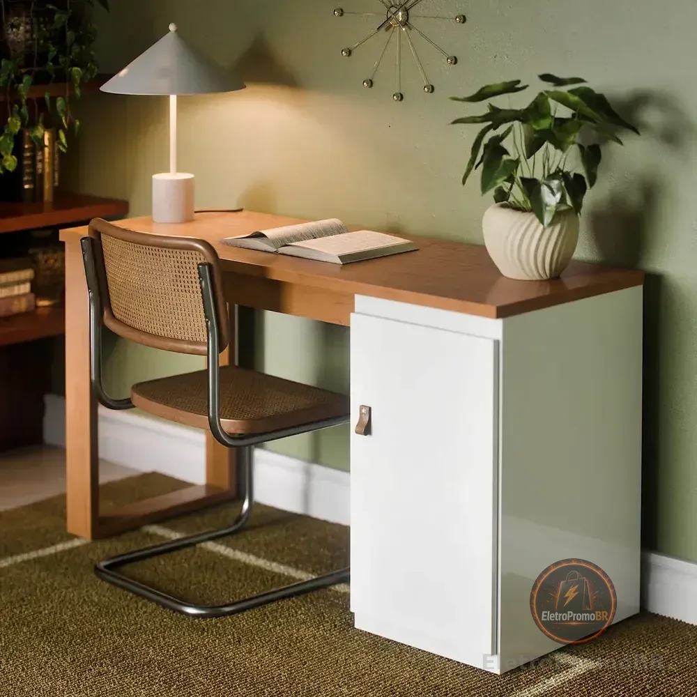 Escrivaninha Mesa Para Computador Paris 115cm Home Office Estudo Escritório Mdf Mdp 1 Porta Armário Lateral Puxador De Couro Cor Branco Canela Canela/branco