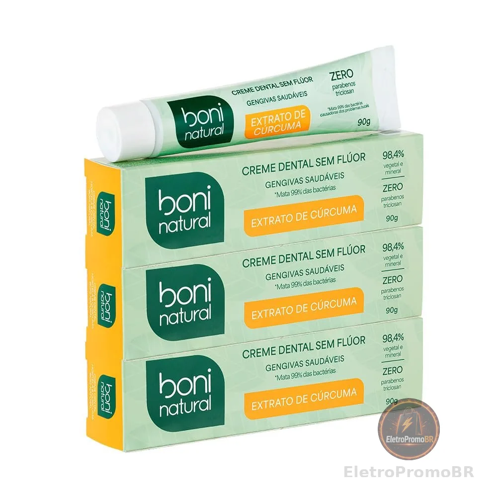 Creme Dental Boni Natural com Óleo de Hortelã e Extrato de Cúrcuma, Vegano, Sem Flúor, 90g, 3 unidades