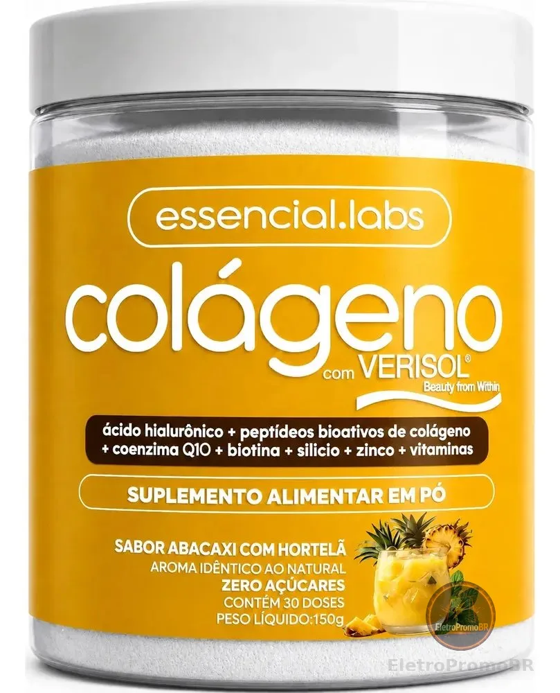 COLÁGENO VERISOL - Fórmula Exclusiva com Ácido Hialurônico + Coenzima Q10 + Biotina + Silício + Zinco + Peptídeos Bioativos + Vitaminas - Sabor Abacaxi com Hortelã - 30 doses