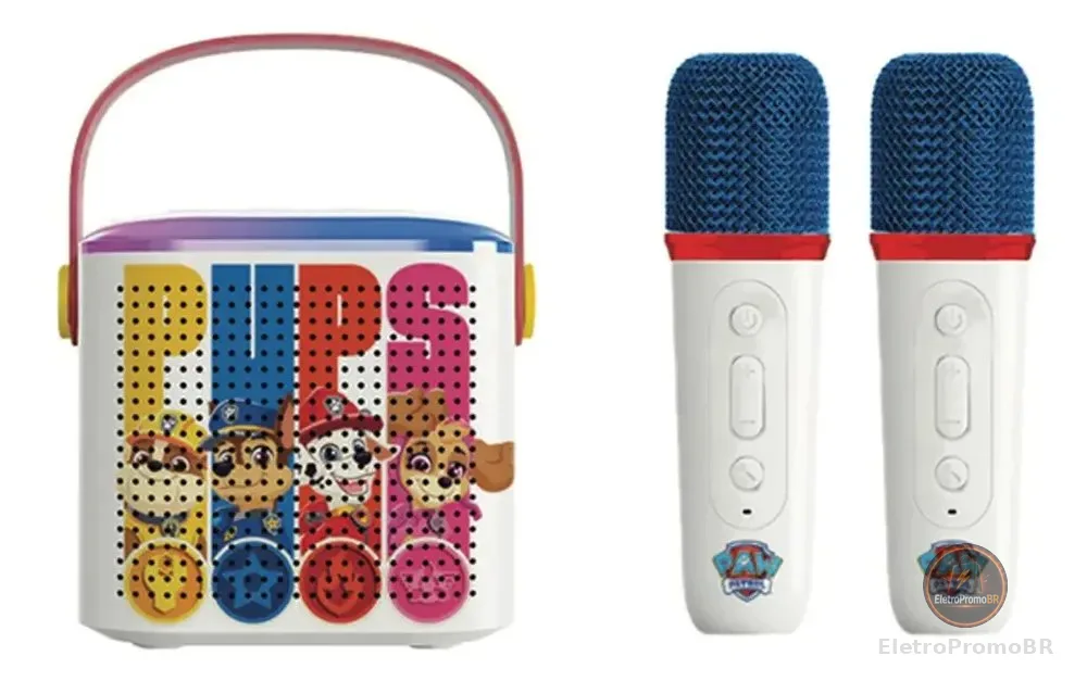 Caixa De Som Bluetooth Karaokê Infantil Patrulha Canina Branco Com Detalhes Coloridos