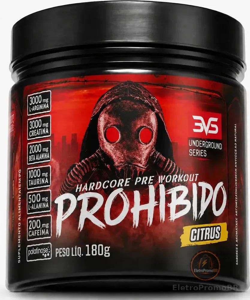 PRÉ TREINO PROHIBIDO 180g Sabor Citrus - Fórmula Avançada contendo Creatina, Beta Alanina, Taurina, L-tirosina, L-alanina, Cafeína, Arginina e Palatinose - Extra Forte