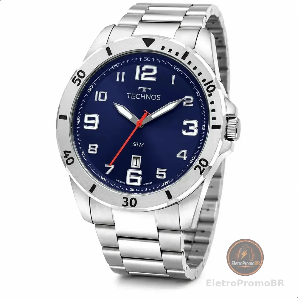 Relógio Technos Masculino 2115NAP/1A 45 Milímetros Casual em Aço Inoxidável Prova D´Agua 50 Metros com Calendário Fundo Azul