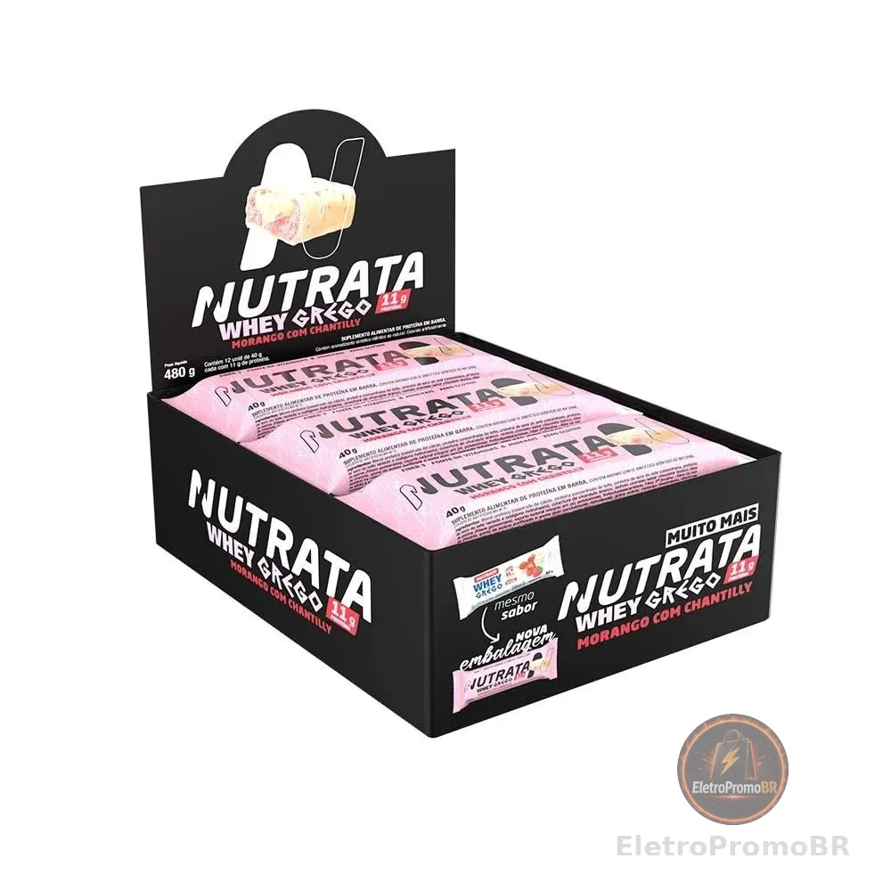 Whey Grego Bar Morango C/Chantilly Display 12 Unidades 480g