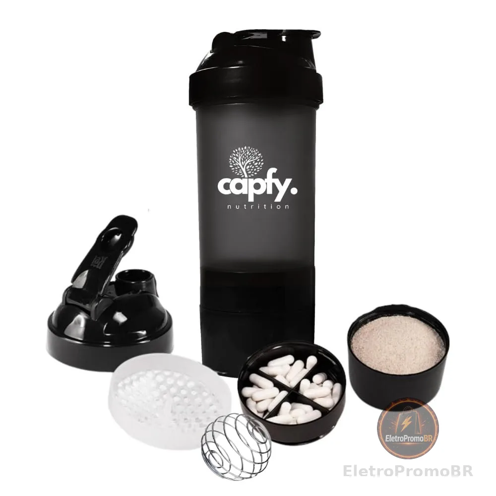 Coqueteleira Whey Academia 500ml com Mola Divisórias Shakeira Compartimento com Porta Comprimido Suplemento Shaker Misturador