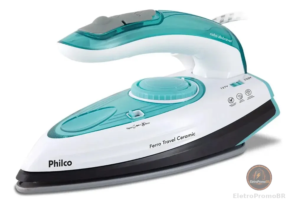 Ferro De Passar Philco Travel Ceramic Vapor Extra Bivolt Azul-turquesa