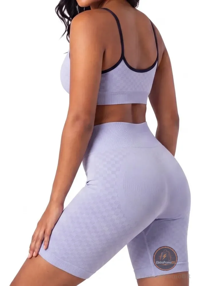 Conjunto Academia Selene Top Bojo Removível Shorts Lavanda Claro Mescla Poliamida Fitness Treino M
