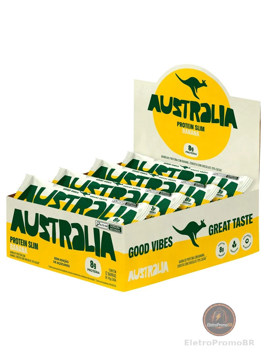 Australia Protein Slim Banana, Barra de Proteína com 8g de Proteína, Sem Adição de Açúcares, Sem Glúten, Display com 12 x 40g