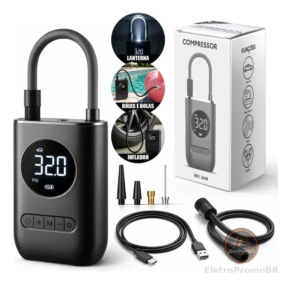 Mini Compressor de Ar Digital Portátil Recarregável USB-C Lumi para Pneus de Carro, Moto e Bicicleta Inflador Elétrico de Bolas e Infláveis Display LCD Alta Pressão Sem Fio Preto