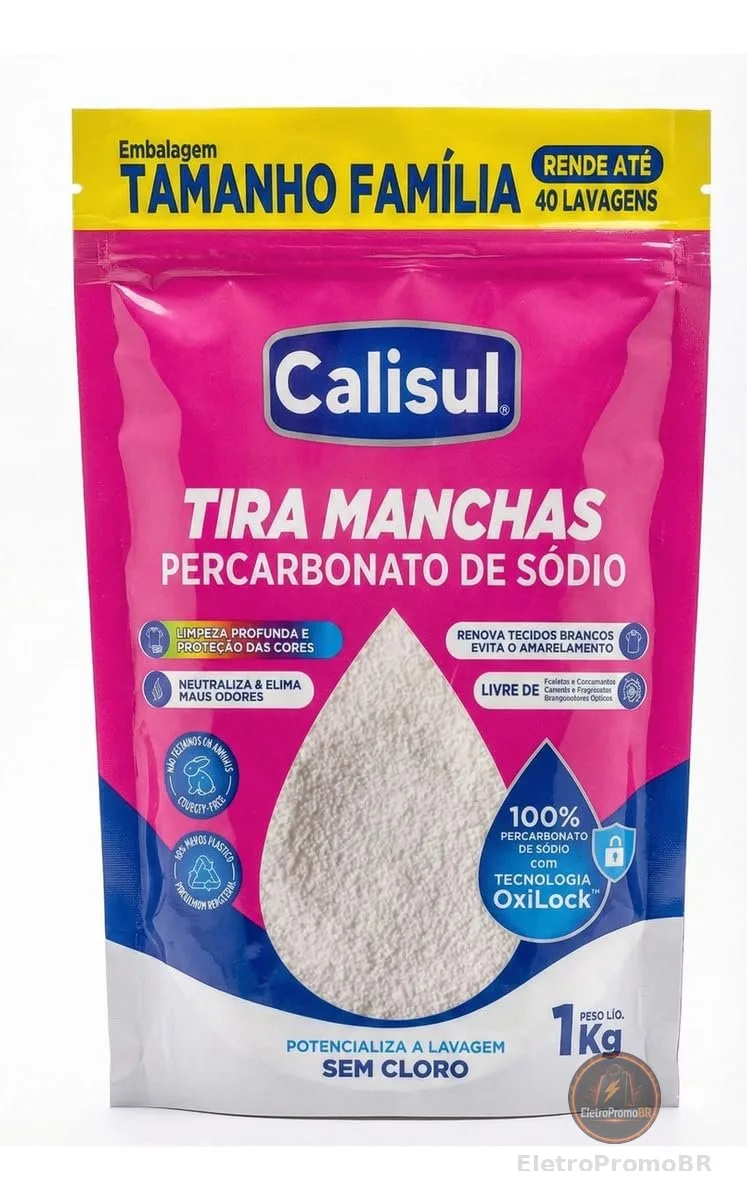 Percarbonato de Sódio 1kg 100% Puro Tira Manchas em Pó Sem Cloro, Biodegradável e Seguro para Roupas Brancas, Coloridas e Limpeza Doméstica Calisul