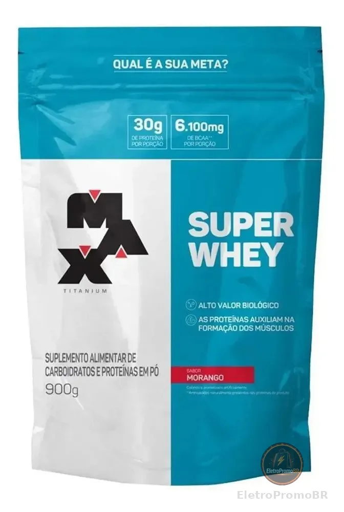 Super Whey Refil 900g Morango Proteinas de Whey Concetrado Max Titanium
