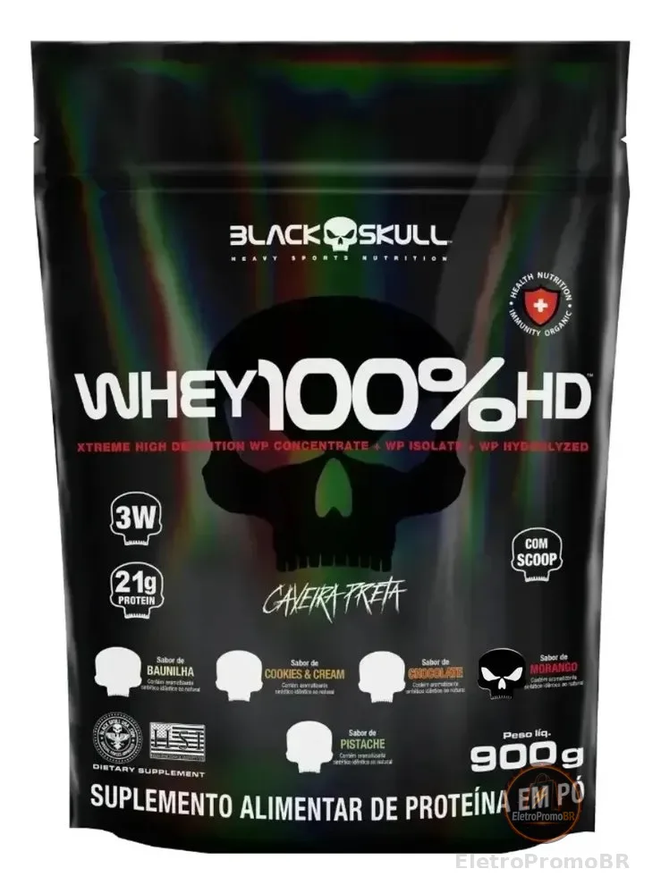 Whey Black Skull 100% Hd Refil 900g Caveira Preta Sabor Morango