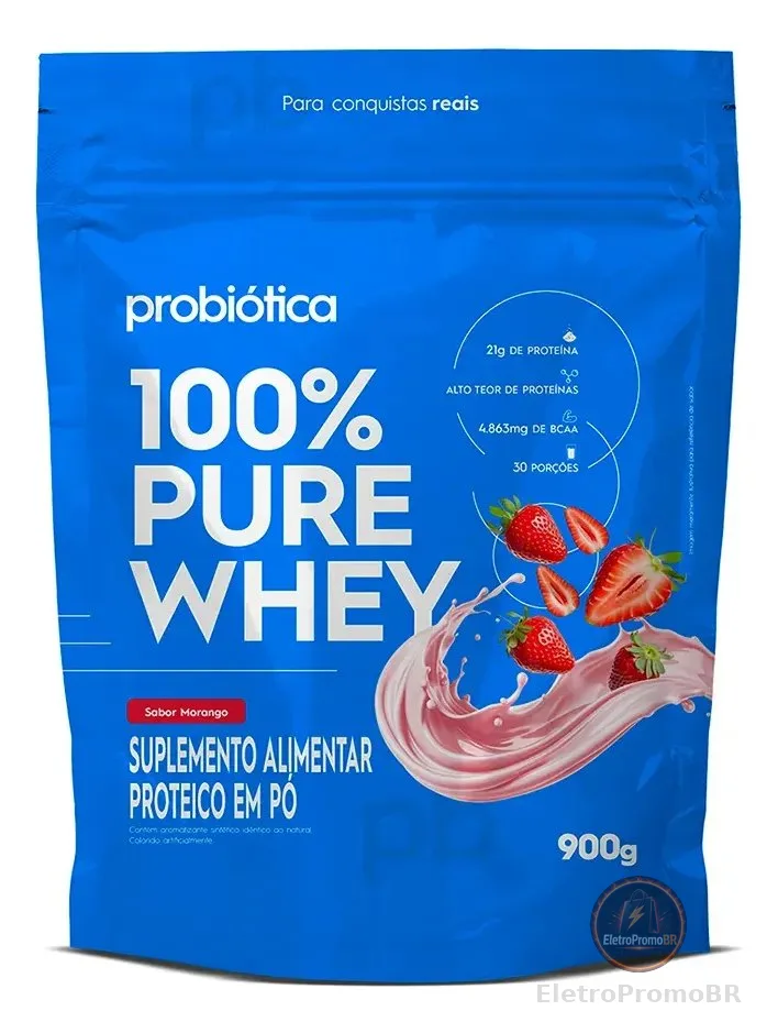 100% Pure Whey Refil 900g - Probiótica - Whey Concentrado Sabor Morango