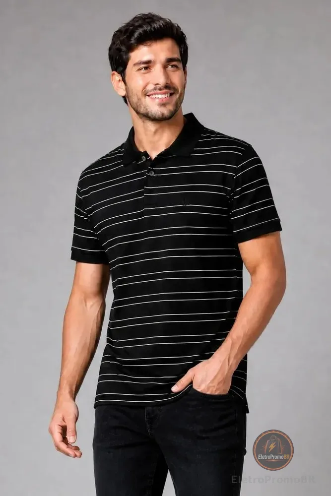 Polo Piquet Masculina Listrada Polo Wear Preto M