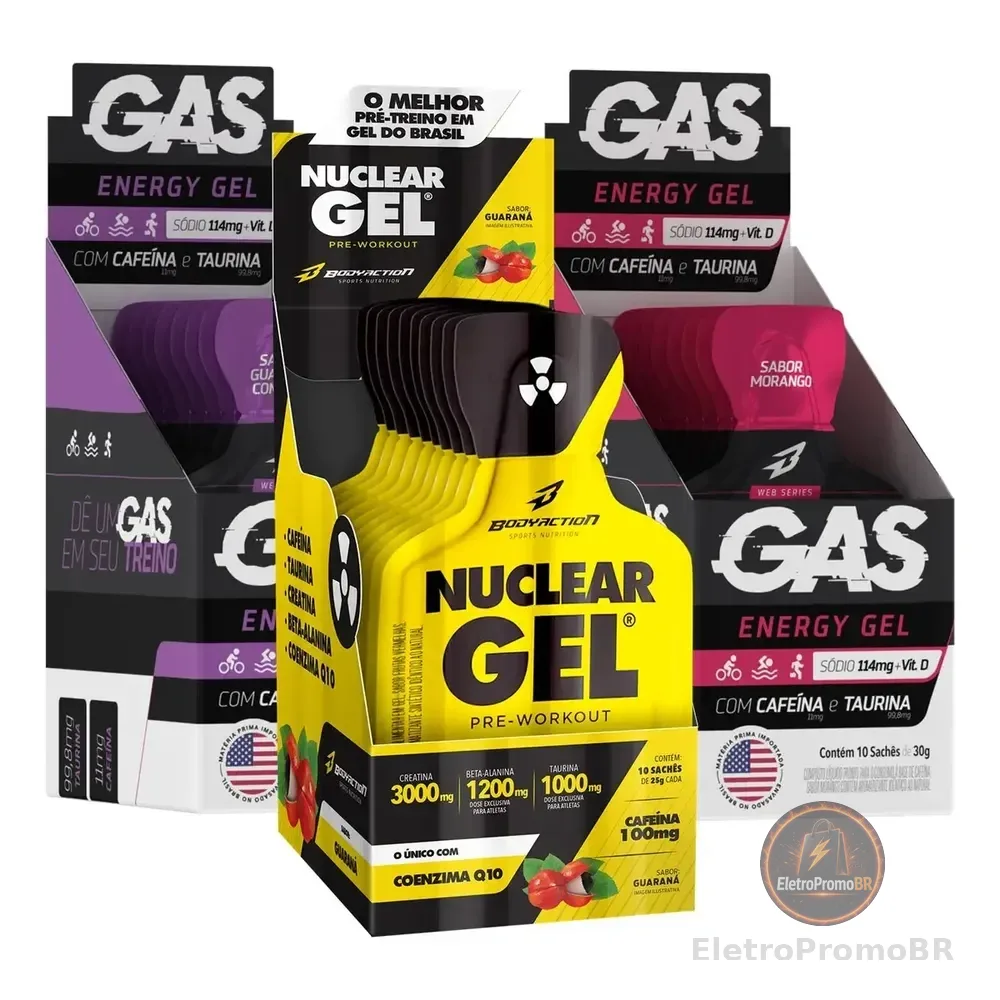 Kit 2x Gas Gel Energético 20 Sachês + Pré Treino Nuclear Gel Sabor Guaraná Com Açaí/morango